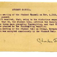 Student Council resolution on Thanksgiving holiday, 1923