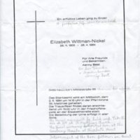 Elizabeth Nickel Wittmann&#039;s funeral announcement, April 26, 1984 printed in German with handwritten translation.  